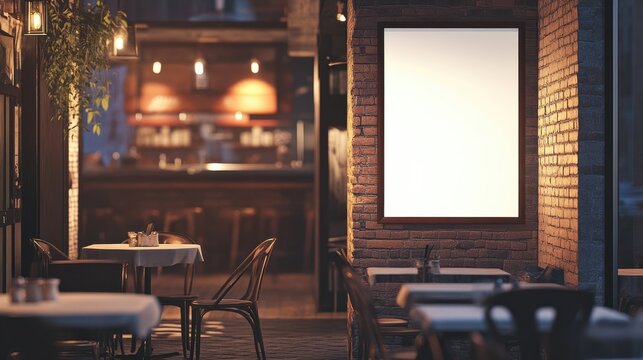 Poster promotion design mockup. Vertical empty white blank paper advertising banner frame template mock up displayed on the front of cafe bar restaurant or coffee shop window glass
