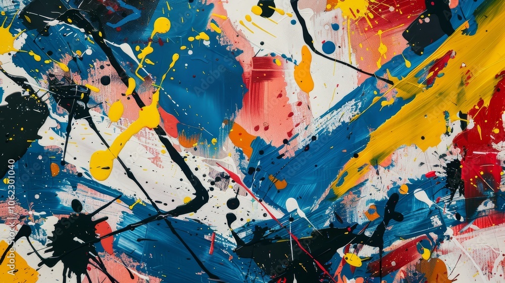 Poster an expressive abstract painting with dynamic splashes and strokes of vibrant colors, capturing the c