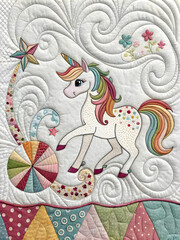 Fantasy in Stitches: Colorful Unicorn and Swirls Quilted Art
