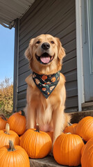 Thanksgiving Vibes: Golden Retriever with Pumpkins in a Playful Autumn Scene
