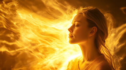 Obraz premium Kobieta w chwili skupienia, wykonująca terapię energetyczną, emanuje wewnętrzną siłą. Wokół jej ciała krąży jasna energia, z dynamicznymi kształtami i kolorami. 