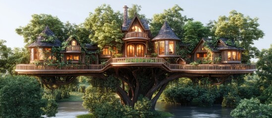 A large, beautiful treehouse with several rooms, a balcony, and a view of the river and surrounding forest.