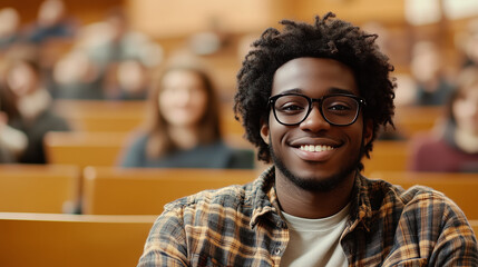  Szczęśliwy afroamerykański student z szerokim uśmiechem siedzi w sali wykładowej, pełen energii i zapału do nauki. 