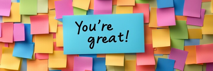 A blue sticky note bearing the motivational message 'You're great!' is surrounded by an array of multicolored post-its, representing creativity and positive energy.