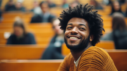  Szczęśliwy afroamerykański student z szerokim uśmiechem siedzi w sali wykładowej, pełen energii i zapału do nauki. 