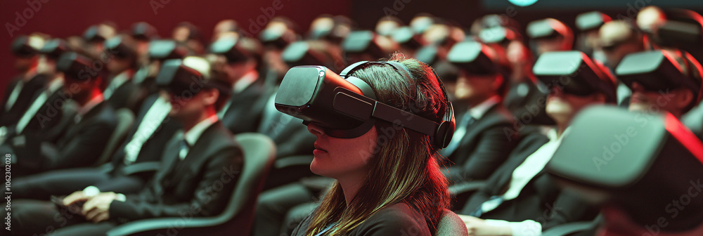 Aufkleber floating rows of attendees with floating headsets, each person immersed in a virtual reality confere