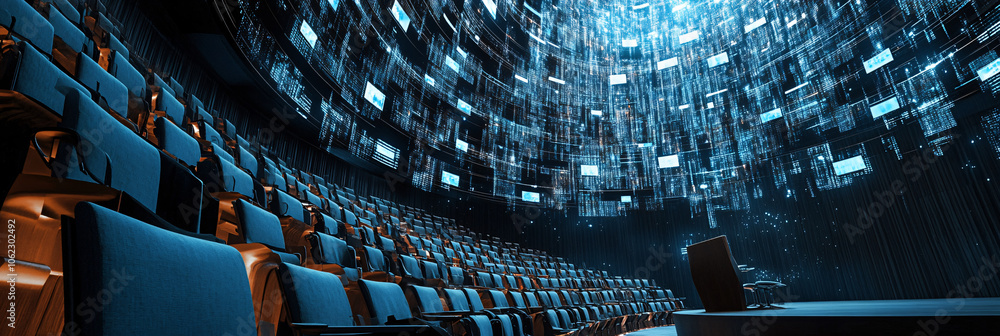 Poster floating rows of chairs arranged in a spiral above a seminar stage, with speakers beaming data into 