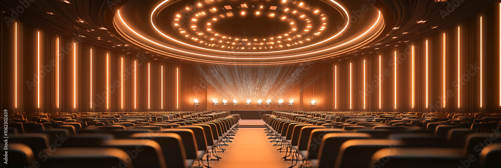 Poster floating rows of chairs arranged in a spiral above a seminar stage, with speakers beaming data into 