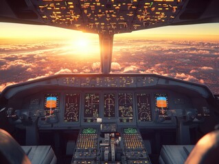A modern airplane cockpit with illuminated controls, showcasing a view of the sunset through the large windows above a sea of clouds.