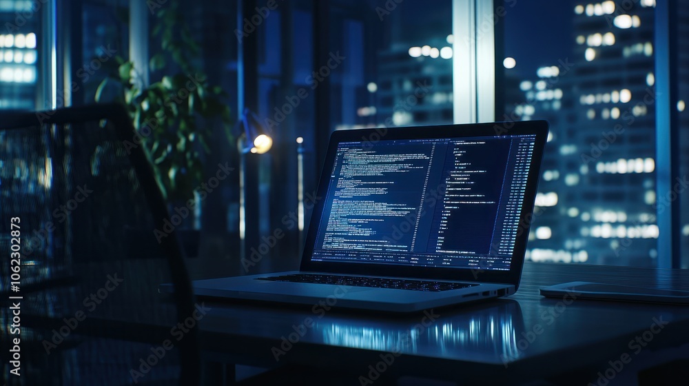 Poster software codes display on screen of a laptop on the table in modern office, web development software