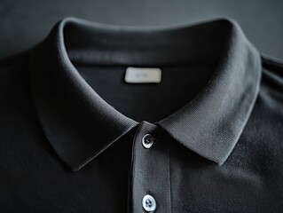 A close-up image of a black polo shirt with a focus on its collar and buttons, showcasing fine stitching and fabric texture in cinematic lighting.