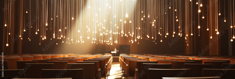 Poster floating rows of chairs suspended by threads of light, with a speaker's voice resonating across the 