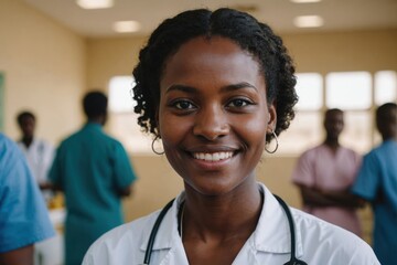 Close portrait of a smiling young Sudanese woman doctor looking at the camera, Sudanese hospital blurred background