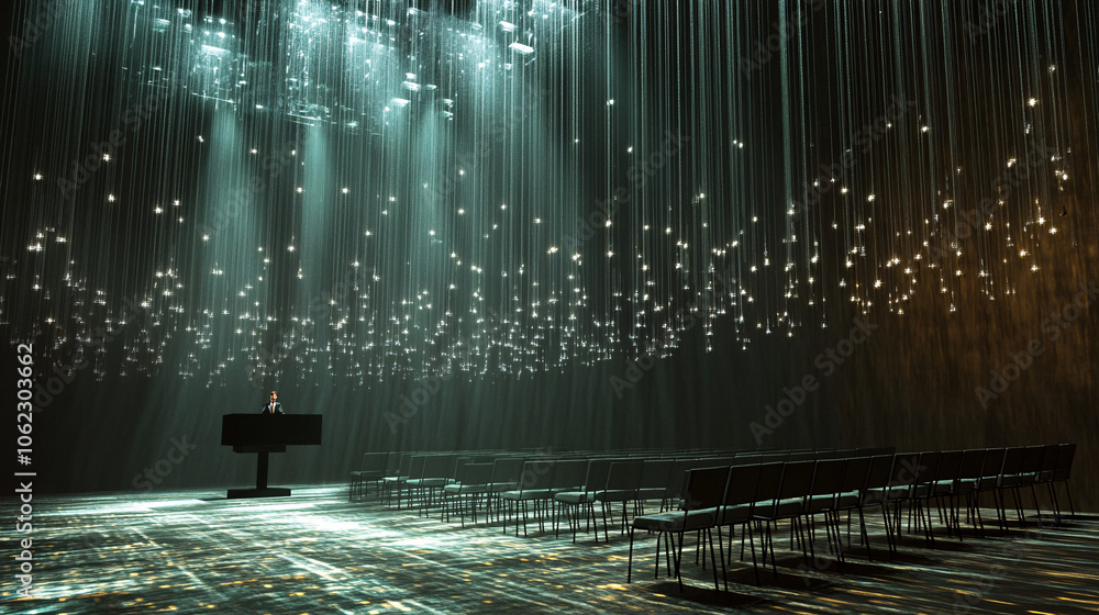 Poster floating rows of chairs suspended by threads of light, with a speaker's voice resonating across the 