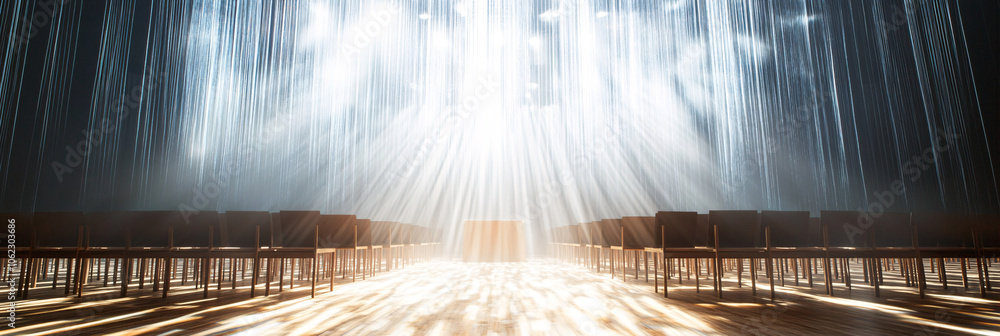 Poster floating rows of chairs suspended by threads of light, with a speaker's voice resonating across the 