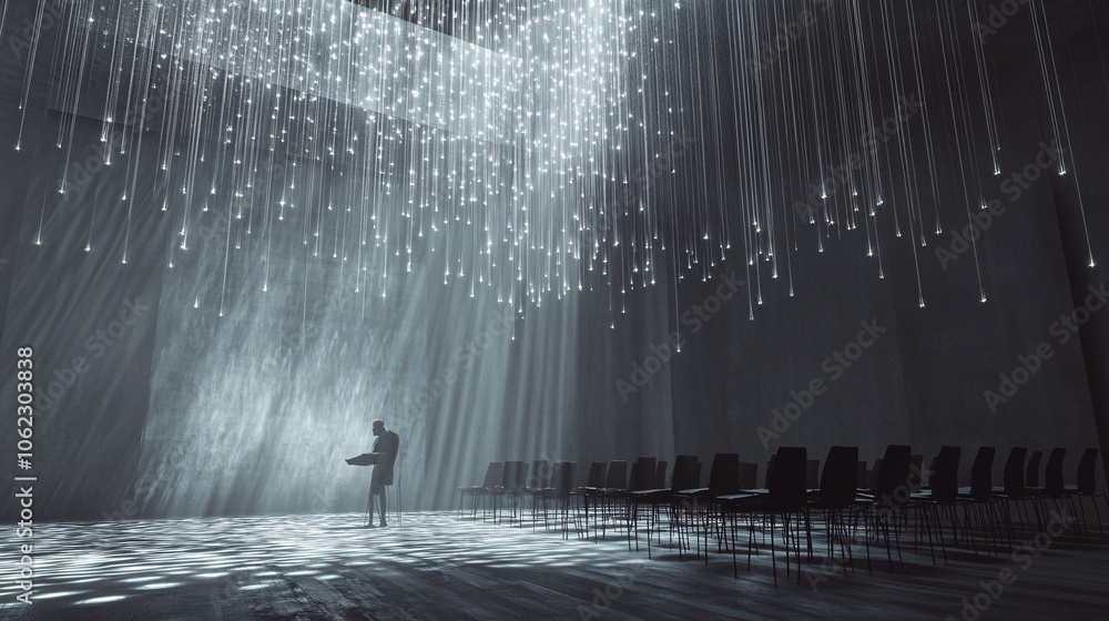 Poster floating rows of chairs suspended by threads of light, with a speaker's voice resonating across the 