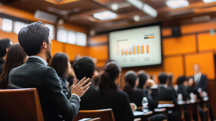 Fototapeta premium Rear view of a businessman at a seminar, raising his hand to ask a question in a conference room.