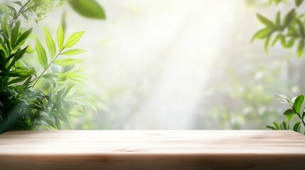 A serene background of lush greenery with a wooden tabletop, ideal for showcasing products or presentations, Perfect for wellness, nature-themed projects, or eco-friendly branding,