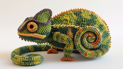 Obraz premium A detailed crochet chameleon features a variety of green shades with intricate patterns, highlighting craftsmanship and artistry in a serene indoor setting.