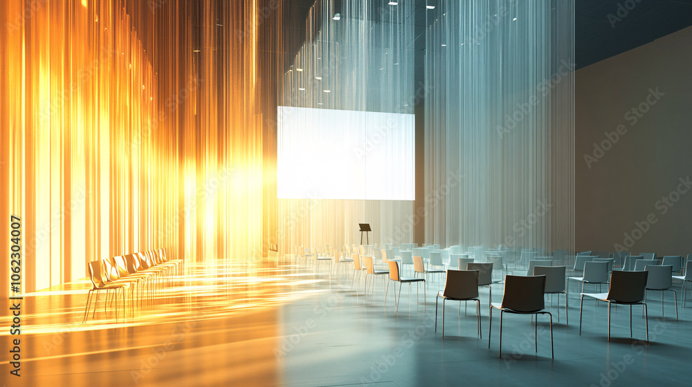 Poster floating rows of chairs suspended by threads of light, with a speaker's voice resonating across the 