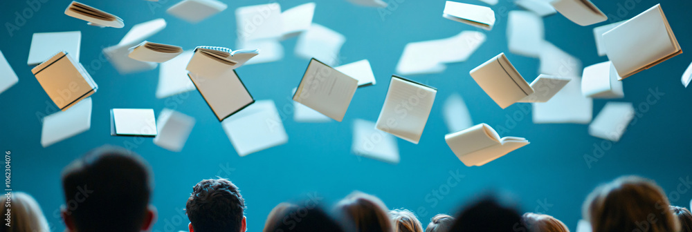 Poster floating rows of notebooks and pencils above an engaged audience in a seminar room, projecting notes