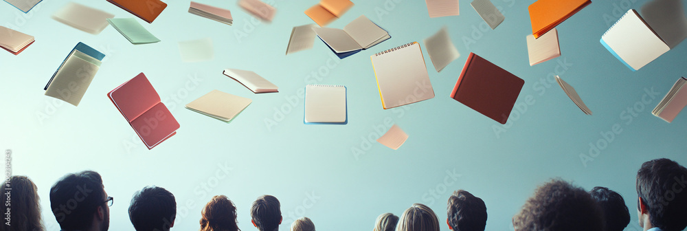 Poster floating rows of notebooks and pencils above an engaged audience in a seminar room, projecting notes