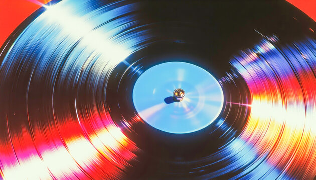 Music background. Vinyl record with neon highlights and spinning effect against scratched 8mm film background evokes retro vibes and nostalgia. Perfect for themes of vintage music and 80s style