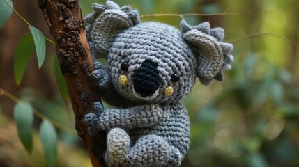 Fototapeta premium A handmade crocheted koala toy is shown clinging to a small branch in a beautiful natural setting, surrounded by a lush, vibrant green background of foliage.