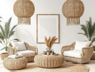A cozy room with two wicker armchairs and a large blank frame on a white wall. Natural tones and textures create a warm, inviting atmosphere.