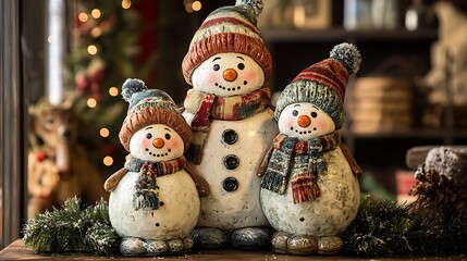Festive snowman family with hats and scarves