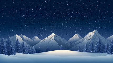 A dreamy landscape with snow-capped mountains under a starry night sky, copy space, winter mood