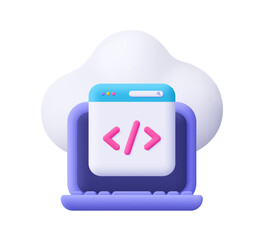Computer laptop webpage with code symbol and cloud. Big data, web development, software engineering, programming and coding concept. 3d vector icon. Cartoon minimal style.