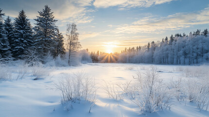 Fototapeta premium A peaceful snowy meadow with a distant view of the sunrise breaking through the clouds, copy space, winter mood