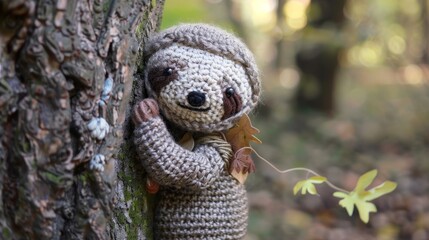 Obraz premium A handmade crocheted sloth clings to a tree, exuding charm and whimsical beauty. The earthy tones and adorable smile create a heartwarming scene in nature.