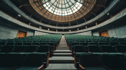Obraz premium Floating Rows of Seats Suspended by Digital Threads in a Massive Dome-Shaped Seminar Hall 