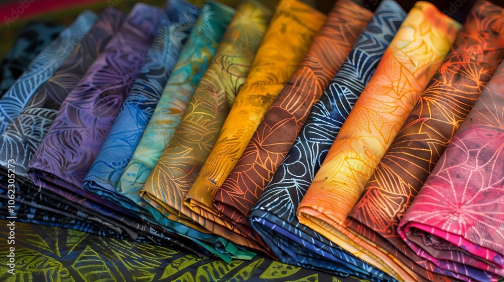 Poster this image shows rolled colorful textiles featuring geometric artistic designs, offering an elegant 