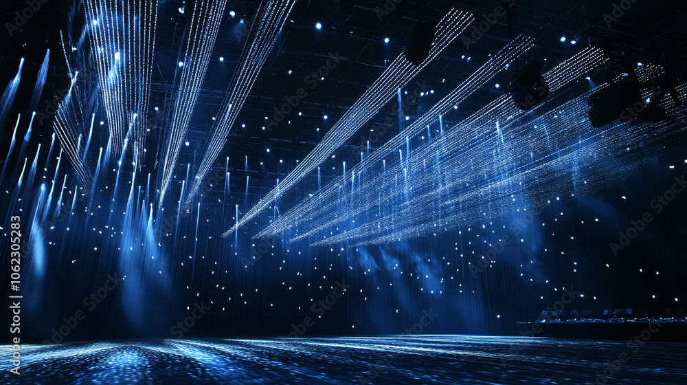 Aufkleber floating rows of speakers projecting words into the air, creating a web of light across a conference