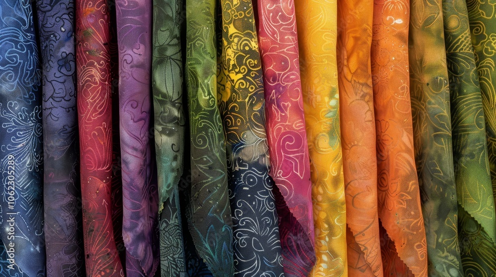 Aufkleber a collection of multicolored fabric rolls showcases intricate artistic patterns, blending a spectrum