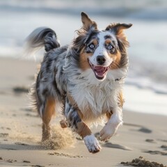 An energetic dog with blue eyes joyfully runs along a sandy beach, capturing a moment of pure freedom and happiness against a serene seaside backdrop at dusk.