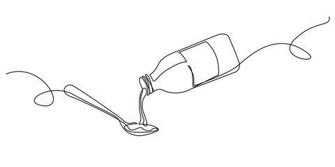 Obraz premium continuous line drawing of spoon and bottle of medicine syrup.one line drawing of bottle pouring medicine syrup into spoon.single line vector illustration.isolated white background