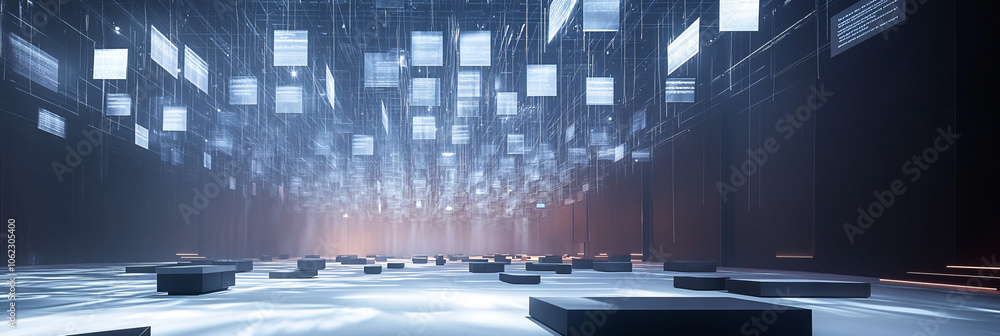 Poster floating rows of speakers projecting words into the air, creating a web of light across a conference
