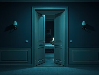 A dimly lit living room with an open door revealing a softly illuminated bedroom. The scene creates a mysterious and serene atmosphere.