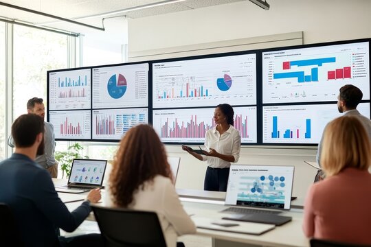 A diverse group of professionals engages in a dynamic presentation with data visualizations in a modern office setting