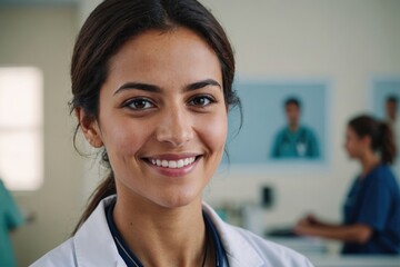Fototapeta premium Close portrait of a smiling young Tunisian woman doctor looking at the camera, Tunisian hospital blurred background