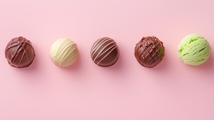 Assorted chocolate truffles and pistachio ice cream on pink background
