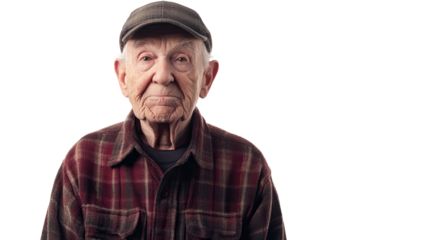 Elderly Man in Plaid Shirt and Cap Against Bright Backdrop Generative AI
