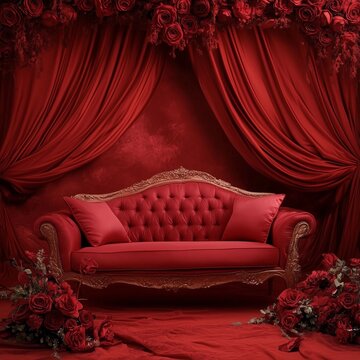 Romantic Red Silk Digital Backdrop: Boudoir and Studio Photography Overlays with Luxurious Sofa and Curtain Textures for Photoshop