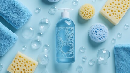 Blue themed bath essentials with bubbles and sponges on a light blue background