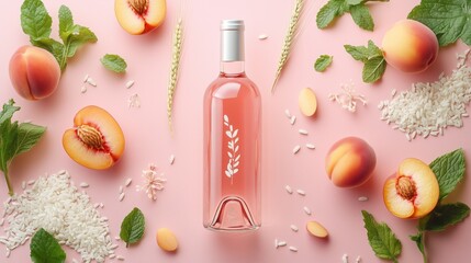Elegant peach and rice wine bottle with fresh ingredients on pastel background