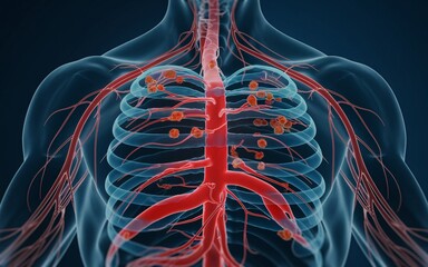 The immune system 3D illustration of human body with lymph nodes.